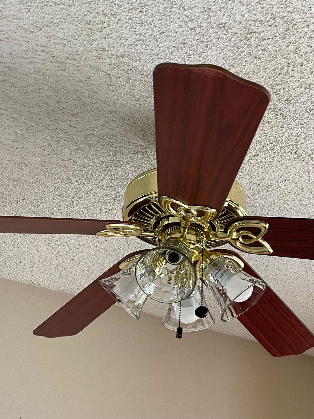 Dusted ceiling fan with wood blades
