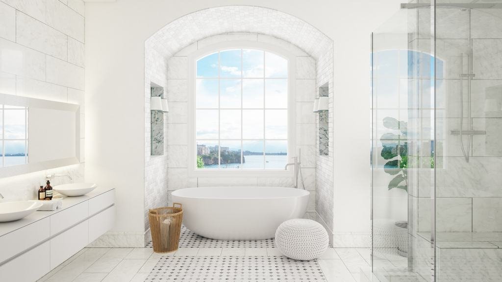 Spotless white bathroom with freestanding tub